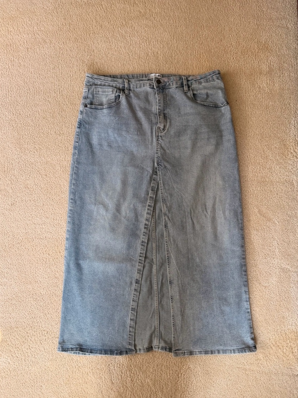 Fashion Nova Light Wash Denim Maxi Skirt with Center Front Slit